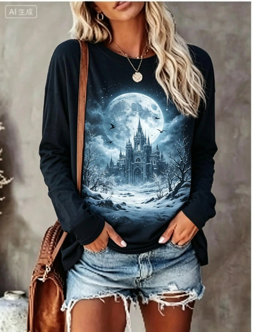 Women Christmas Long Sleeve T‑Shirt Snowman Puppy Tree Gift Snowflake