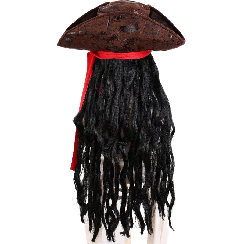 Halloween Pirate Costume Accessory Set Long Black Curly Wig Medieval