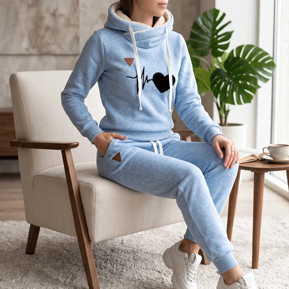 Winter Warm 2 Piece Set Women Fleece Tracksuit Heart Print Pullover