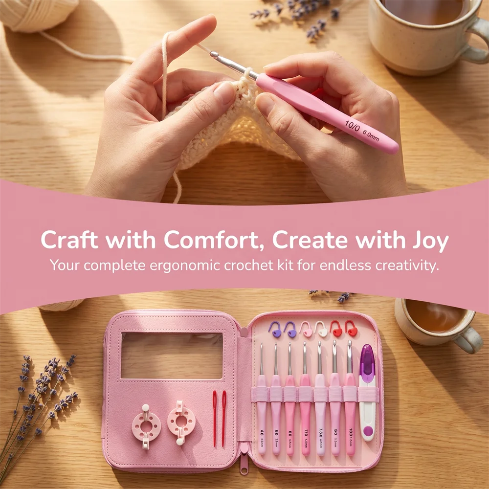 34pcs/set Crochet Hook Kit 2.5-6cm Ergonomic Soft Handle Aluminum