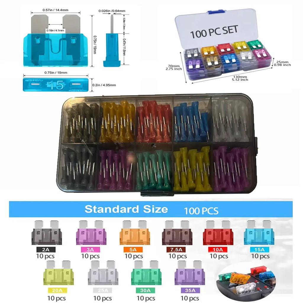 100pcs Standard Car Fuses 2A 3A 5A 7.5A 10A 15A 20A 25A 30A 35A Free