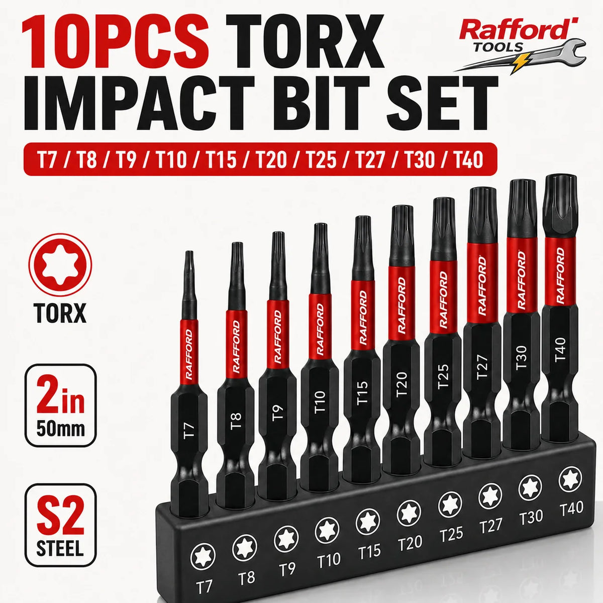 Rafford 10PCS Torx Impact Screwdriver Bits Set T7 T8 T9 T10 T15 T20