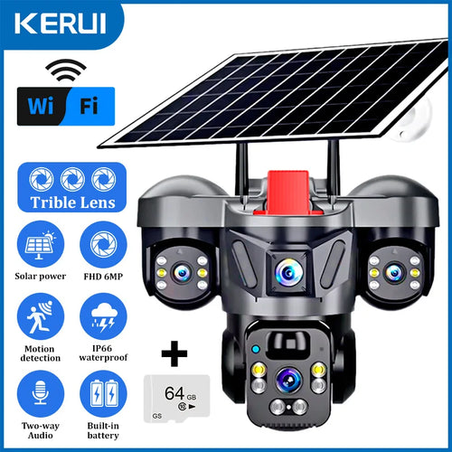 KERUI Outdoor PTZ 6MP 4G SIM WIFI Solar Panel Triple Lens Camera Home