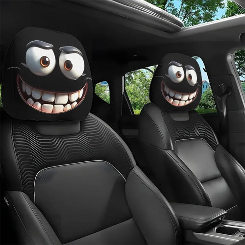 2pcs Funny Big-Eyed Cartoon Print Car Headrest Cover, Suitable For