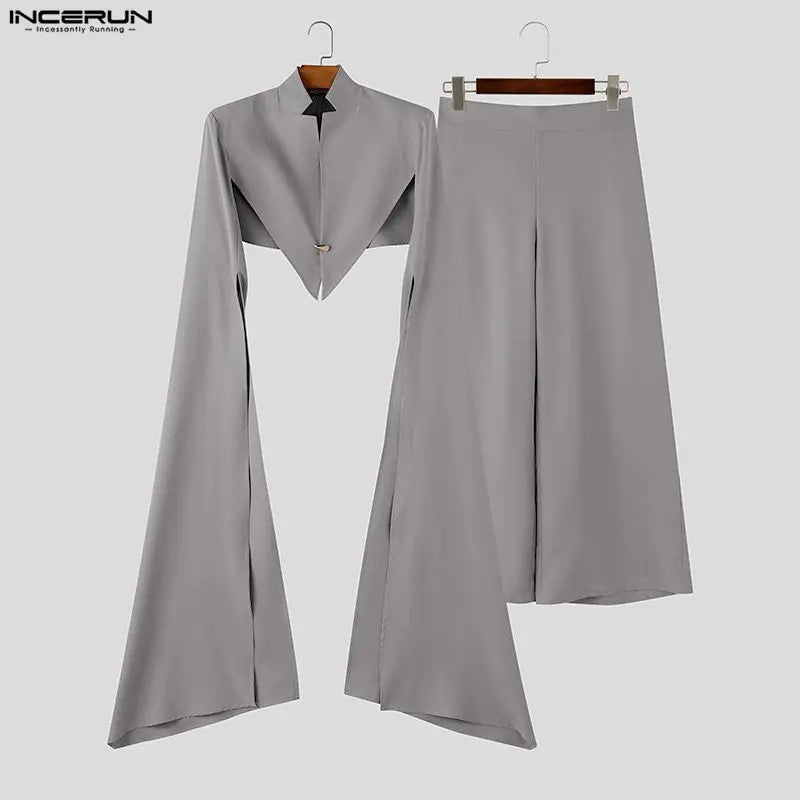 INCERUN Men's Sets Solid Color Stand Collar Long Sleeve Crop Blazer