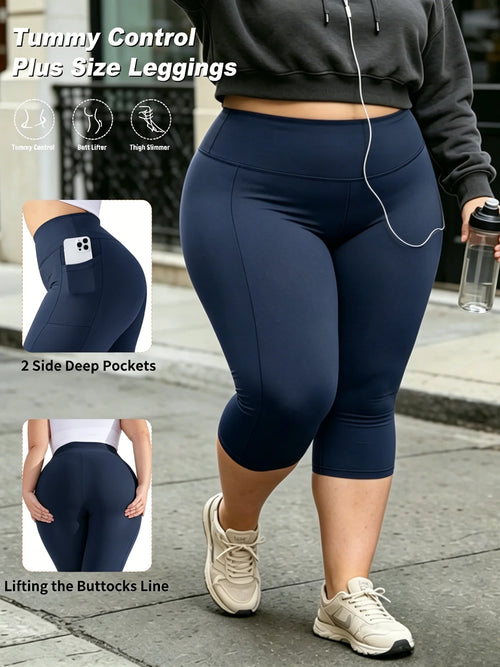 Capri Plus Size Leggings for Women with Pockets-Stretchy  Tummy