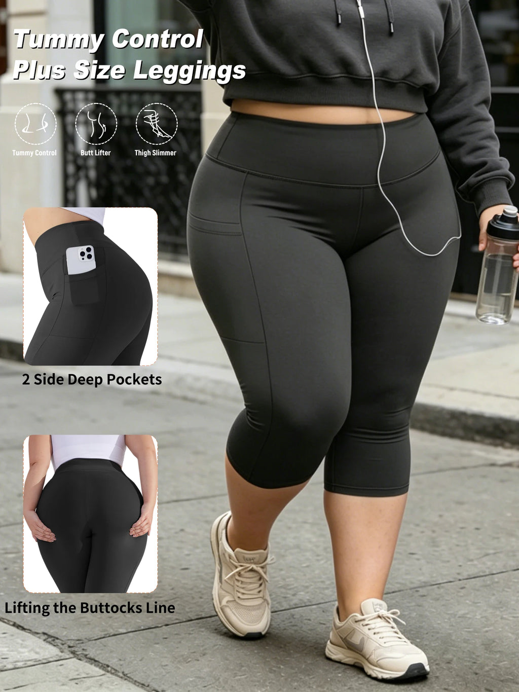 Capri Plus Size Leggings for Women with Pockets-Stretchy  Tummy