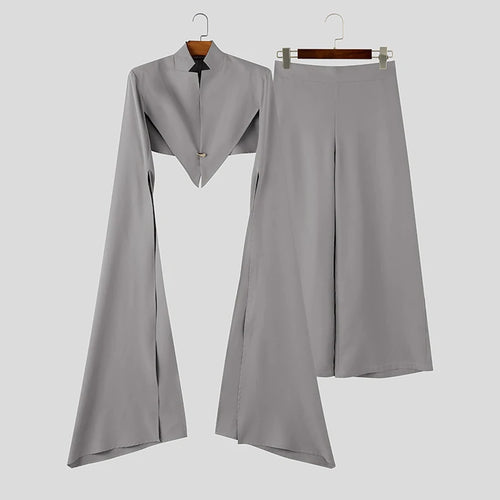 INCERUN Men's Sets Solid Color Stand Collar Long Sleeve Crop Blazer