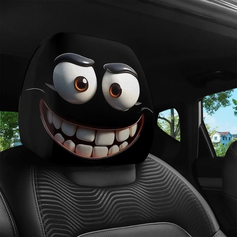 2pcs Funny Big-Eyed Cartoon Print Car Headrest Cover, Suitable For