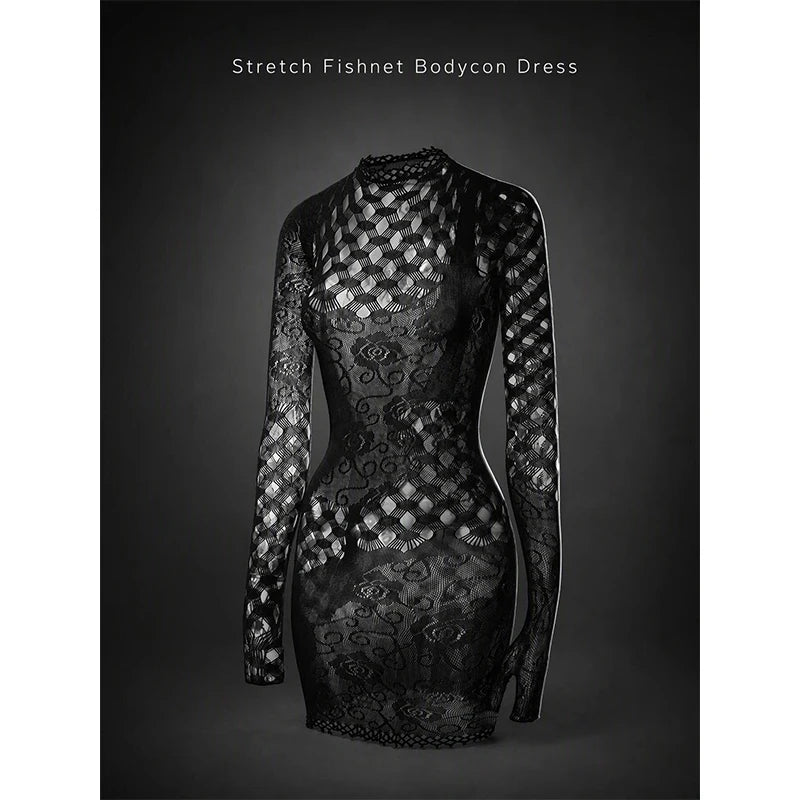 Hollow Out Fishnet Beach Cover Up Bodycon Dress, Sheer Mesh Festival