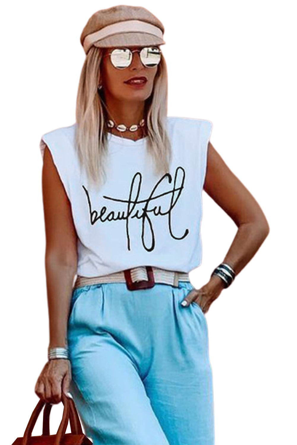 White Padded Shoulder Letter Print Tank Top