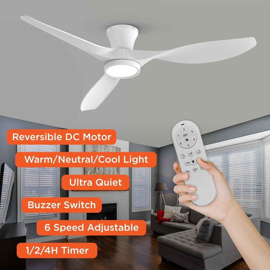 52 Inch Ceiling Fan With Remote And Quiet DC Motor For Bedroom And