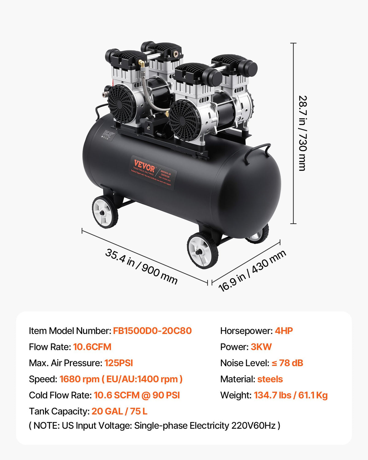 Air Compressor, 20 Gallon Steel Tank, 4HP 10.6 CFM@90 PSI Oil Free Air